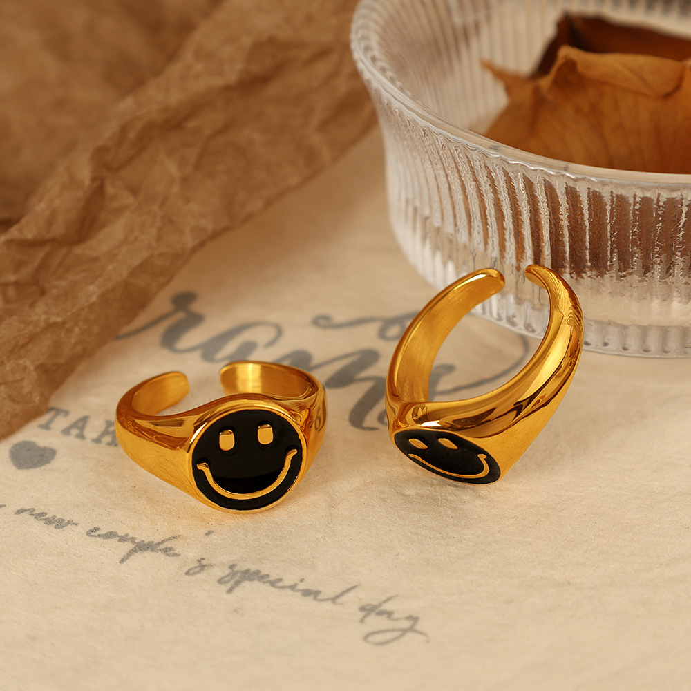 1 Pair Simple Series Cartoon Smiling Face Stainless Steel  Gold Color Women's Adjustable Rings h5 